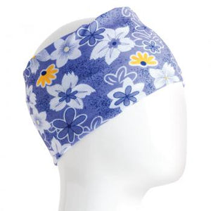 A WHITE MANNEQUIN HEAD IS WEARING A, 9.5 INCHES WIDE BY 19 INCHES LONG, STRETCHABLE INFINITY SCARF. THIS ONE IS A SMALL BLUE, YELLOW, AND WHITE FLOWERS ON A DENIM-COLORED BACKGROUND MOTIF.