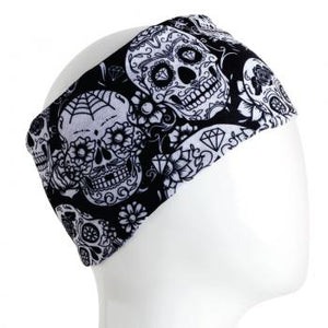 A WHITE MANNEQUIN HEAD IS WEARING A, 9.5 INCHES WIDE BY 19 INCHES LONG, STRETCHABLE INFINITY SCARF. THIS ONE IS A WHITE SKULLS ON A BLACK BACKGROUND MOTIF.