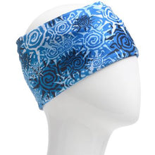 Load image into Gallery viewer, A WHITE MANNEQUIN HEAD IS WEARING A, 9.5 INCHES WIDE BY 19 INCHES LONG, STRETCHABLE INFINITY SCARF. THIS ONE IS A LIGHT BLUE AND WHITE SPIRAL SUNS ON A BLUE BACKGROUND MOTIF.