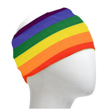 Load image into Gallery viewer, A WHITE MANNEQUIN HEAD IS WEARING A, 9.5 INCHES WIDE BY 19 INCHES LONG, STRETCHABLE INFINITY SCARF. THIS ONE IS A COLORFUL RAINBOW MOTIF WITH COLORS RUNNING: TOP TO BOTTOM BLACK, BLUE, GREEN, YELLOW, ORANGE, AND RED.