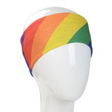 Load image into Gallery viewer, A WHITE MANNEQUIN HEAD IS WEARING A, 9.5 INCHES WIDE BY 19 INCHES LONG, STRETCHABLE INFINITY SCARF. THIS ONE IS A COLORFUL DIAGONAL RAINBOW MOTIF WITH COLORS RUNNING: LEFT TO RIGHT RED, ORANGE, YELLOW, GREEN.
