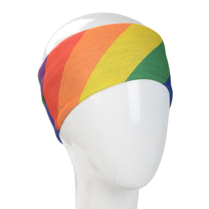 A WHITE MANNEQUIN HEAD IS WEARING A, 9.5 INCHES WIDE BY 19 INCHES LONG, STRETCHABLE INFINITY SCARF. THIS ONE IS A COLORFUL DIAGONAL RAINBOW MOTIF WITH COLORS RUNNING: LEFT TO RIGHT RED, ORANGE, YELLOW, GREEN.