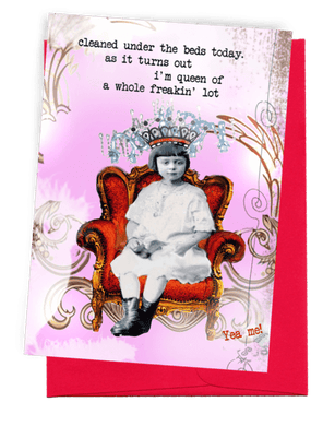 GREETING CARD | BRIGHT RED ENVELOPE. | BACKGROUND: PALE PINK WITH DECO ART DESIGN | YOUNG GIRL ON RED AND GOLD, PLUSH, WINGBACK CHAIR | WEARING RED AND BLACK CROWN WITH CHANDELIER-TYPE CRYSTALS/PAGE-BOY HAIRCUT/WHITE DRESS AND STOCKINGS/BLACK, TIE-UP BOOTS. WORDS: OUTSIDE, 