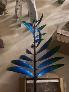 Caribbean Feather Metallic Blue Kinetic Garden Wind Spinner Sculpture Garden Art