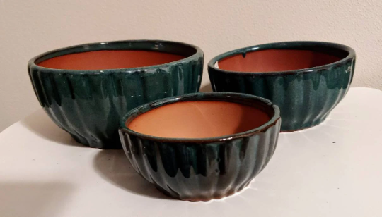 Ceramic Shallow Succulent Planters | Ridged Teal | 3 sizes