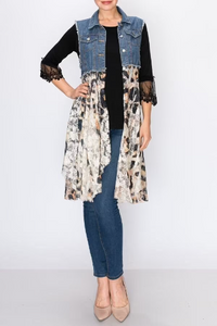 Denim Sleeveless Vest with Leopard Print Natural Lace 2X-3X