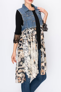 Denim Sleeveless Vest with Leopard Print Natural Lace 2X-3X