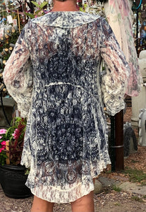 Gray and Blue floral print duster jacket by Origami | Plus Size