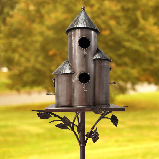 Outdoor Bird Houses | Cylinder Tall Triple Birdhouse Stake | Vintage Antique Copper