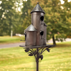 Outdoor Bird Houses | Cylinder Tall Triple Birdhouse Stake | Vintage Antique Copper