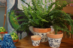 Painted Terra Cotta planter | 3 sizes | white with navy flowers
