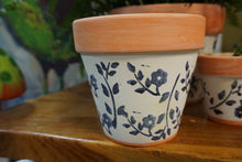 Load image into Gallery viewer, Painted Terra Cotta planter | 3 sizes | white with navy flowers