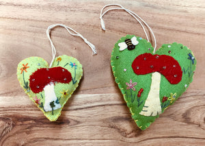 Heart Shaped Spring Mushroom Ornaments | Felt Ornament | Toadstool