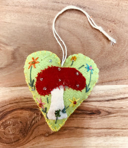 Heart Shaped Mushroom Toadstool Felt Ornaments Spring Decor