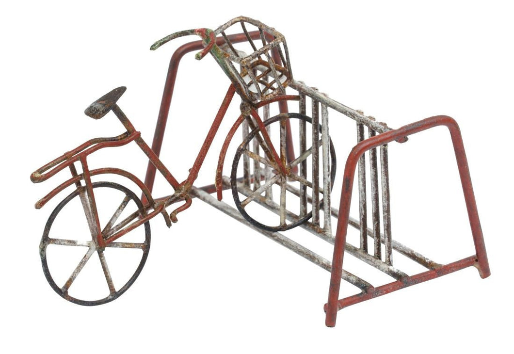 Miniature  bicycle with a bike rack rustic metal fairy garden or dollhouse accessories