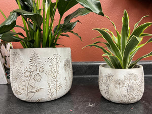 Cement Embossed Wildflower Design planter pot |  Small 4.25" tall | Nature Inspired