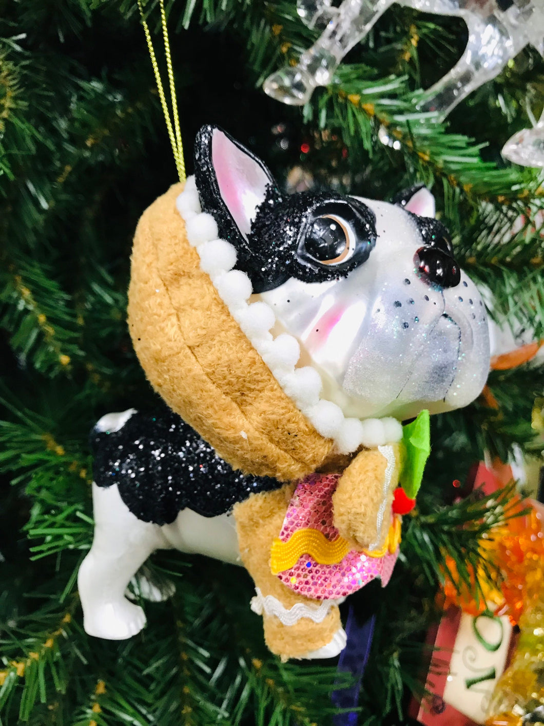 Bulldog in Gingerbread Man Costume Christmas Ornament | Diamond Sparkle Glitter