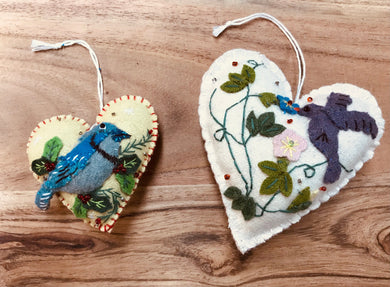 Heart Shaped Felt Spring Bird Ornaments