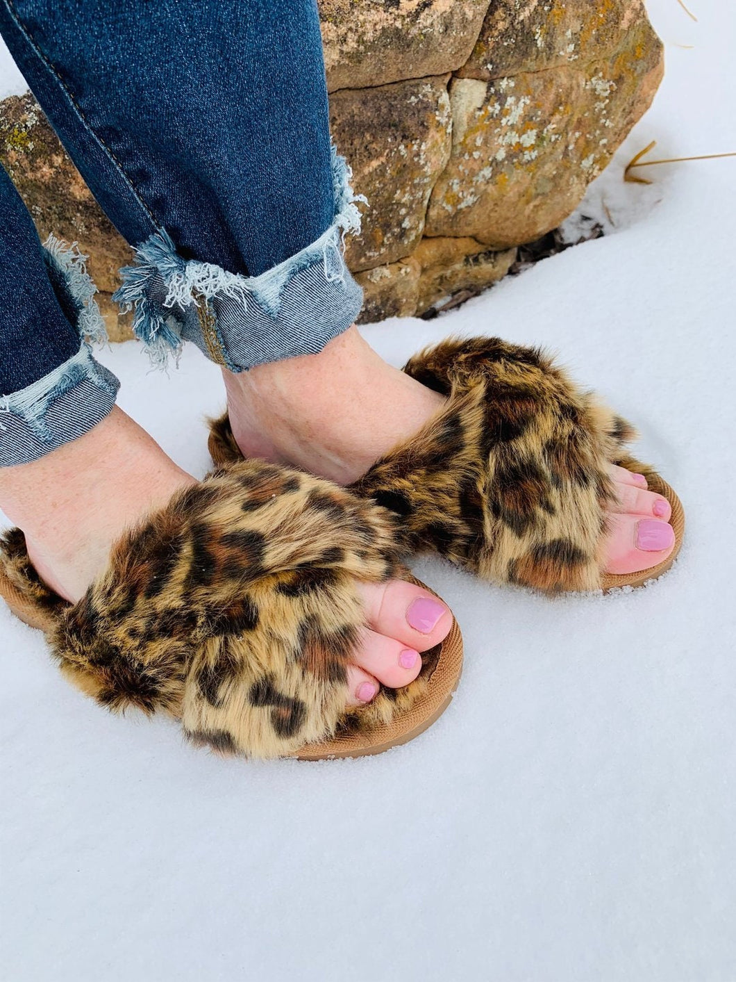Corky's Slumber Leopard faux fur slippers Criss Cross Sandal
