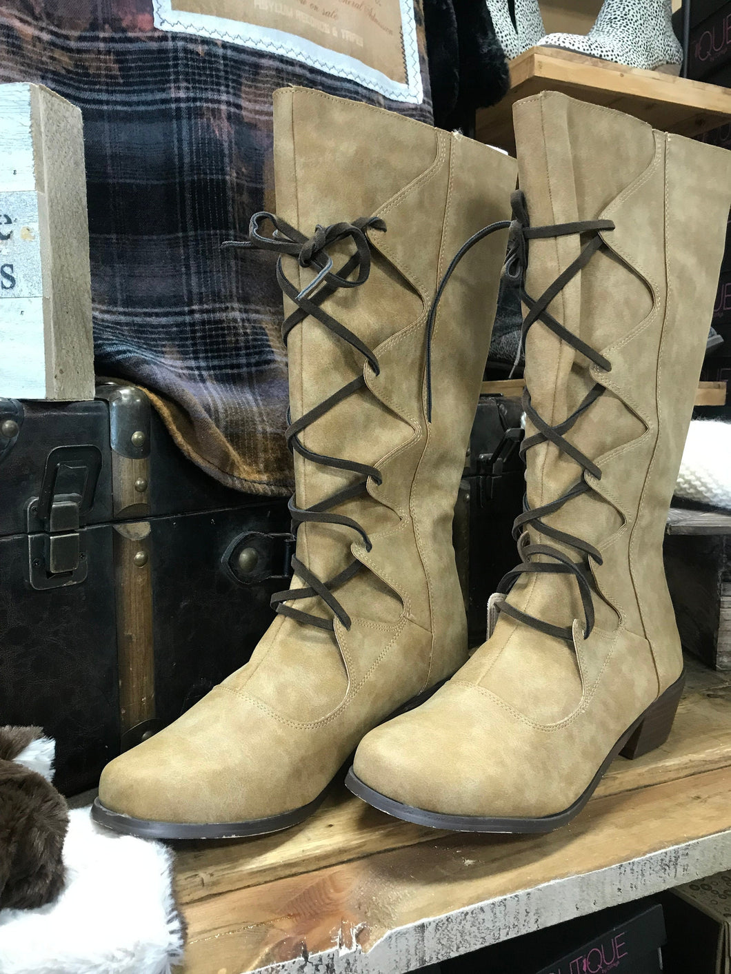 Women’s Camel Colored tall lace-up brown suede boots