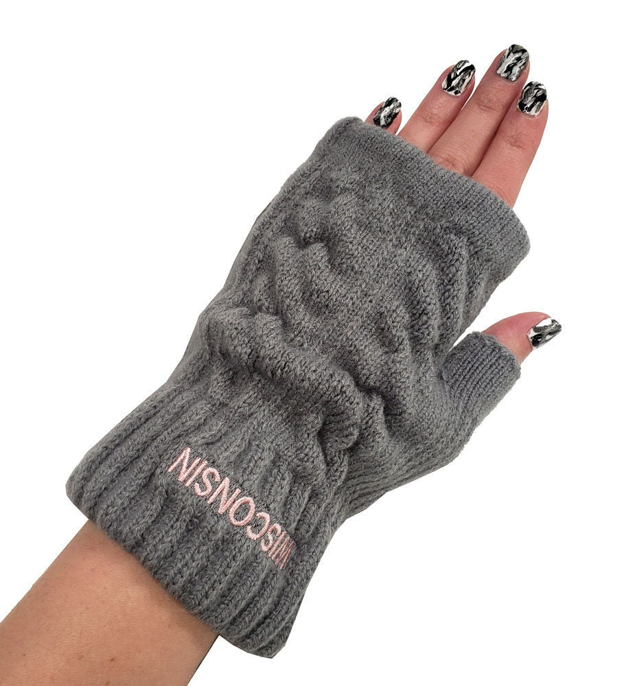 Wisconsin Gray and Pink Fingerless Gloves | Very Warm | Robin Ruth design Cable Knit