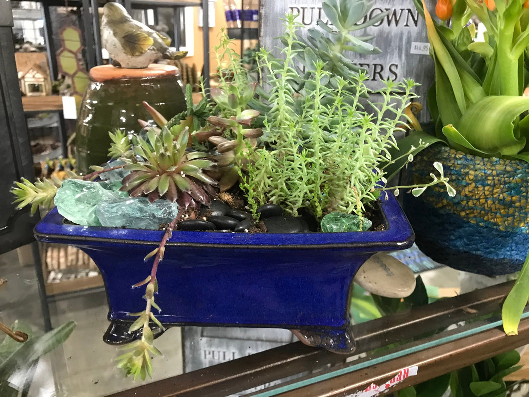 Medium Glazed Ceramic Square footed Flower Pot with Drainage Cobalt Blue