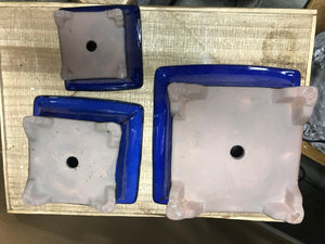 Medium Glazed Ceramic Square footed Flower Pot with Drainage Cobalt Blue