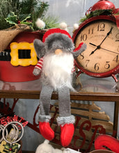 Load image into Gallery viewer, Shelf Sitting Lumberjack Gnome with Red and Gray Bomber Hat and Dangle Legs