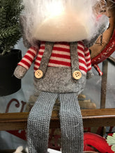 Load image into Gallery viewer, Shelf Sitting Lumberjack Gnome with Red and Gray Bomber Hat and Dangle Legs