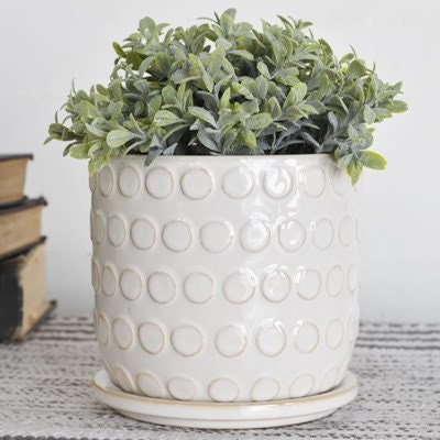 white polka Dot planter with saucer white | 6