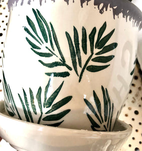 White and green leaf print antique planter with attached saucer 5"