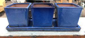 Set of 3 Square Planters with detached Saucer in Cobalt Blue for window sill
