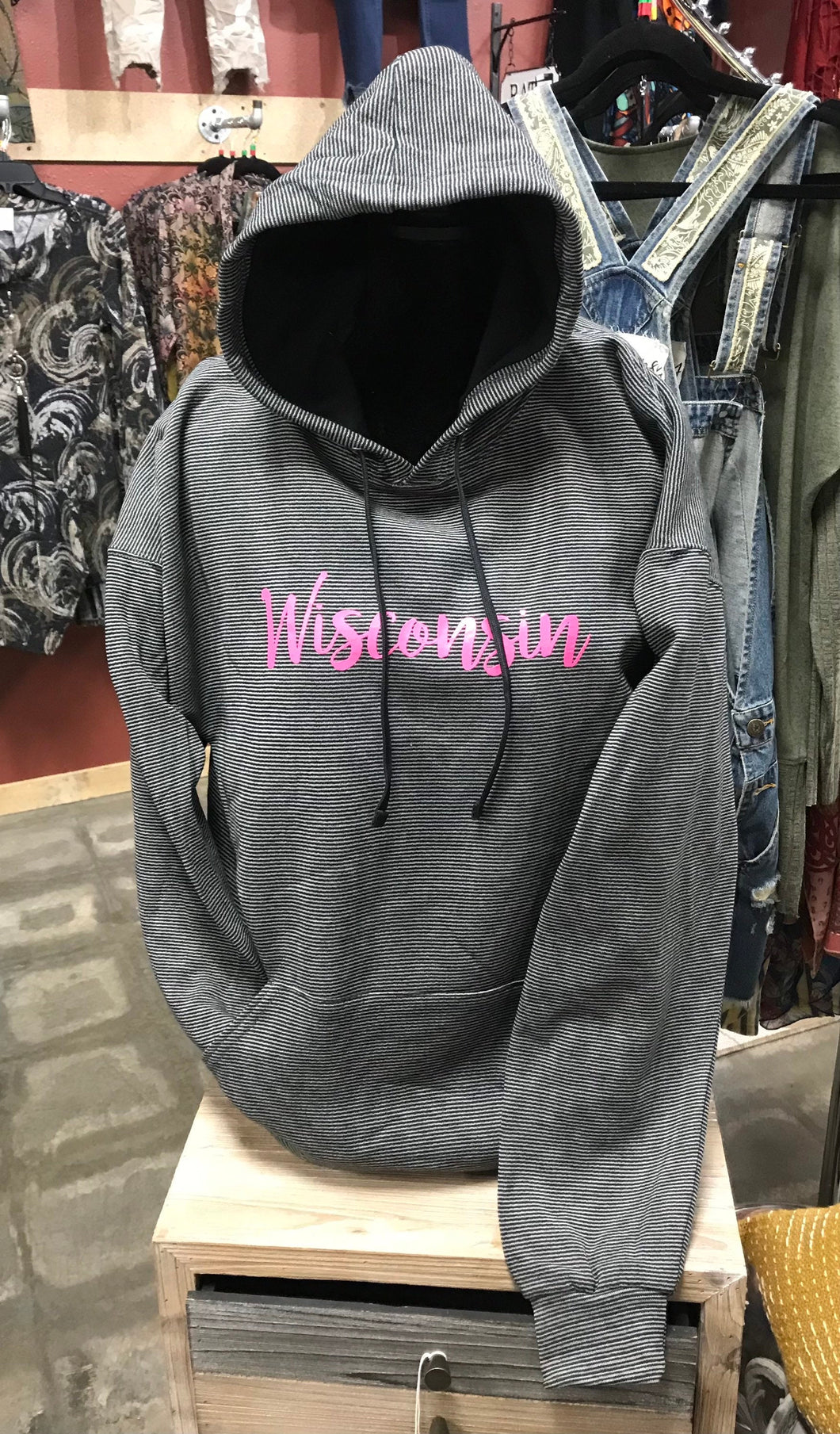 Striped Black and Gray Wisconsin Hoodie Sweatshirt | Small - 3XL | Long Sleeve