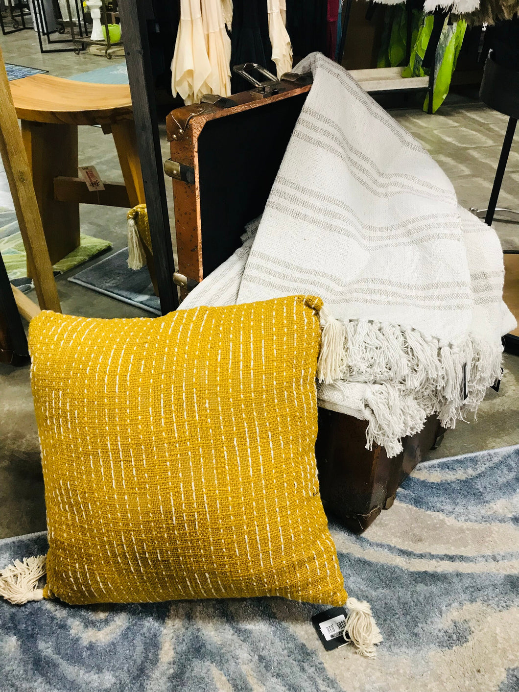 Mustard Yellow with cream tassels and stripes Accent Throw Pillow