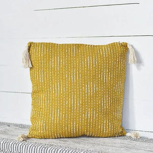 Mustard Yellow with cream tassels and stripes Accent Throw Pillow