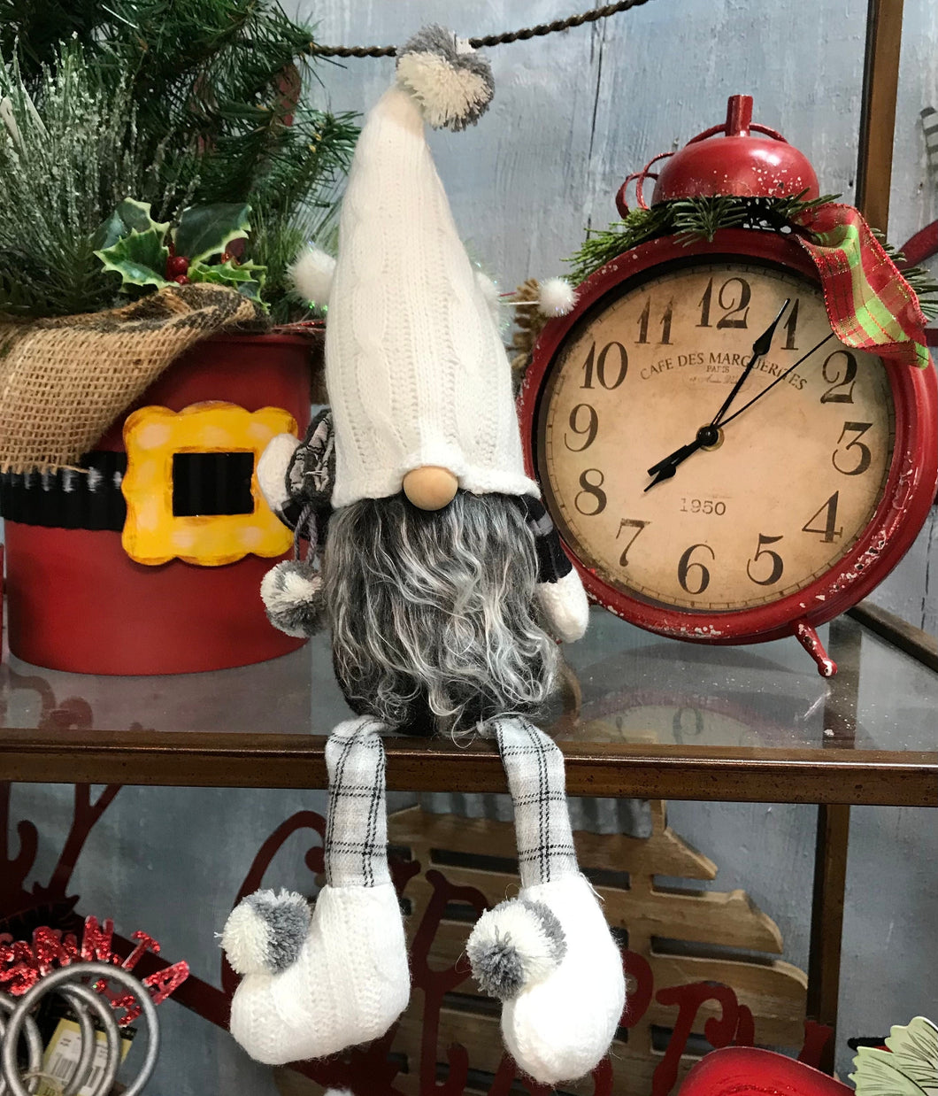 Shelf Sitting Gnome with Cable Knit Hat and Dangle Legs