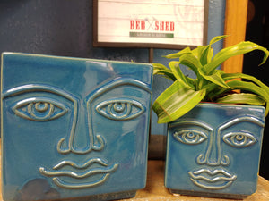 Blue 6" succulent planter made of ceramic and glazed.  It has embossed eyebrows, nose, eyes and lips on one side.  