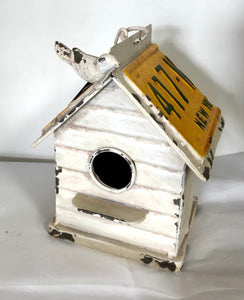 White & Yellow Metal Hanging Birdhouse with NY license plate