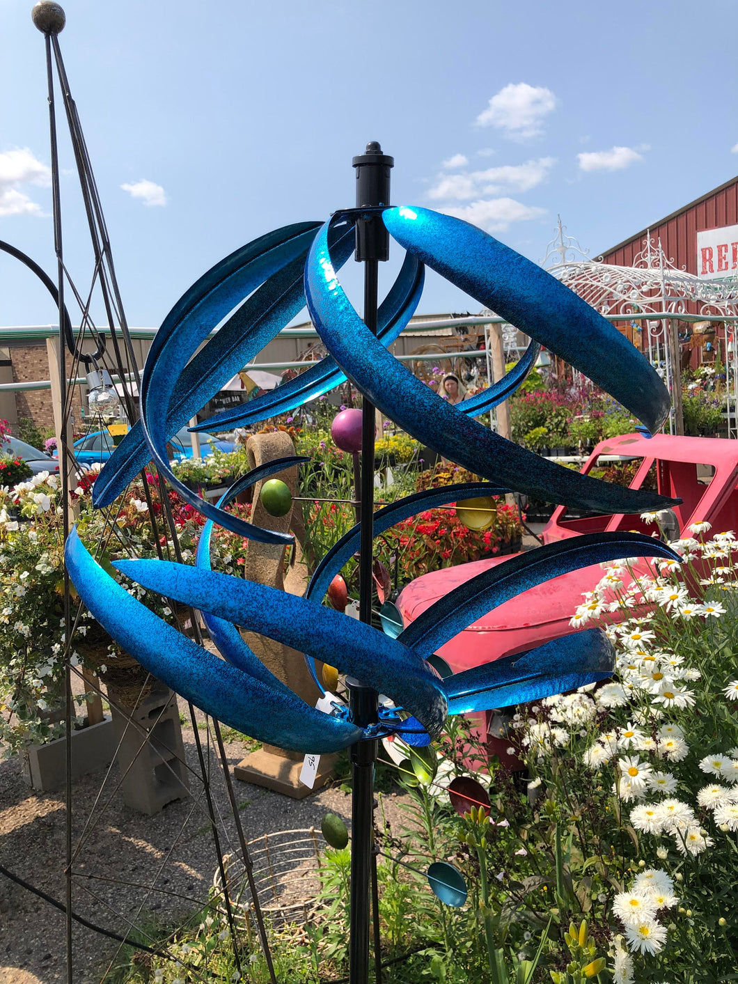 Outdoor Kinetic Wind Spinner | Blue sphere | spinners both directions | garden art | wind sculpture | HH98