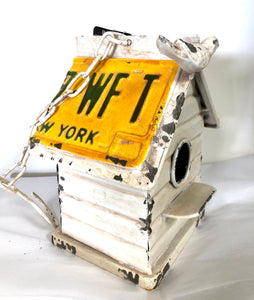 White & Yellow Metal Hanging Birdhouse with NY license plate