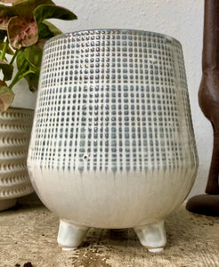 6.25" White glazed Footed flower pot with embossed dot design