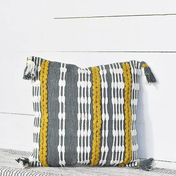 Color Striped Accent Pillow Gray with White and Yellow Mustard Stripes with Gray and White tassels