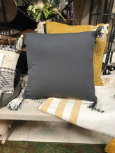 Load image into Gallery viewer, Color Striped Accent Pillow Gray with White and Yellow Mustard Stripes with Gray and White tassels