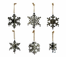 Load image into Gallery viewer, Hanging galvanized tin snowflakes with bells | rope hanger | foldable for storage