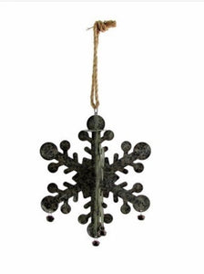 Hanging galvanized tin snowflakes with bells | rope hanger | foldable for storage