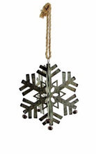 Load image into Gallery viewer, Hanging galvanized tin snowflakes with bells | rope hanger | foldable for storage