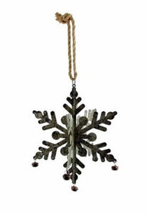Hanging galvanized tin snowflakes with bells | rope hanger | foldable for storage