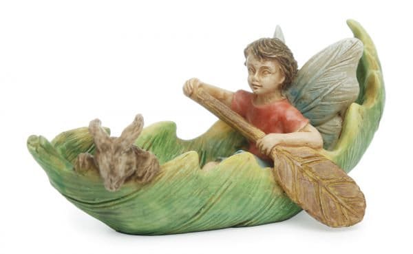 Miniature Mini Fairy Boy in a Leaf Canoe with Bunny Friend Dollhouse Fairy Garden Accessory