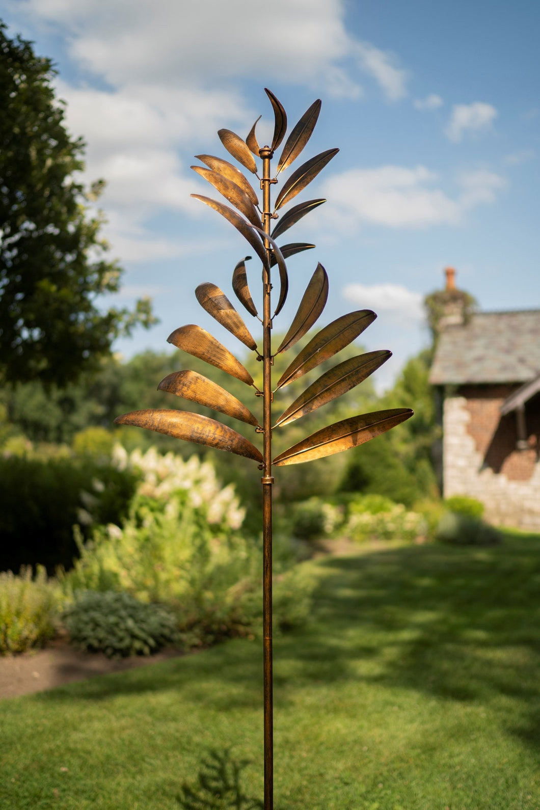 Gold Feather Kinetic Garden Wind Spinner garden art | 8' tall | feather over 2.5' tall | Wind Sculpture