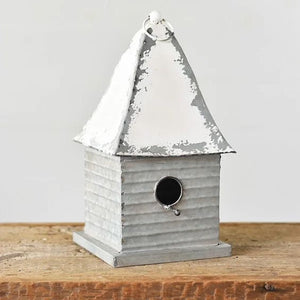 White & Silver Tin Vintage Chateau Hanging Metal Birdhouse